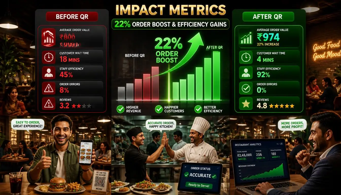 Impact Metrics: 22% Order Boost and Efficiency Gains comparison before vs after Alpha QR
